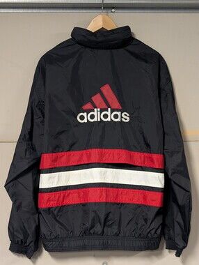 Vintage Adidas Windbreaker Jacket Zip Up Black Red White Mens L 90s